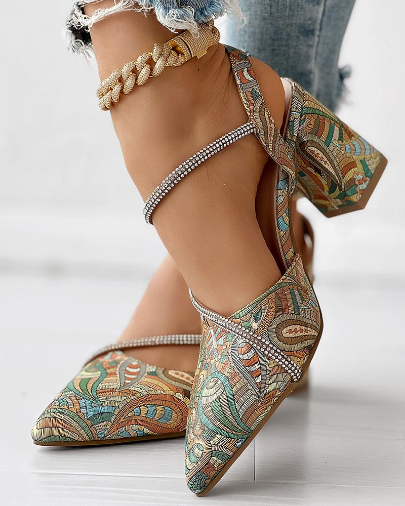 Vintage Paisley Floral Print Rhinestone Chunky Heel Pumps