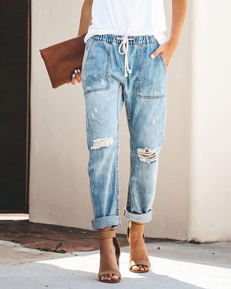 High Waist Drawstring Cutout Ripped Jeans