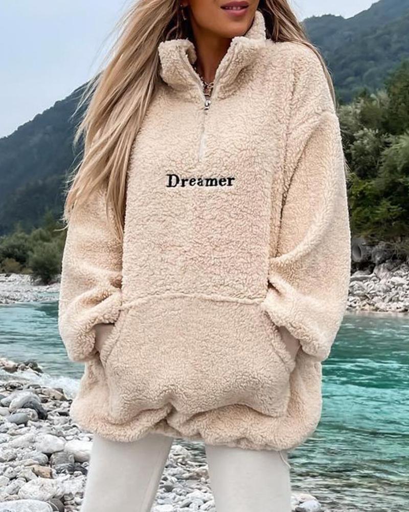 Embroidery Letter Pocket Zipper Front Fuzzy Sweatshirt