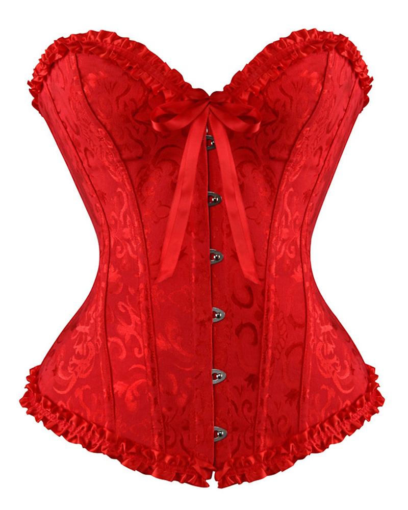 Baroque Pattern Tummy Control Overbust Boned Bustier Corset Eyelet Lace up Shapewear Top