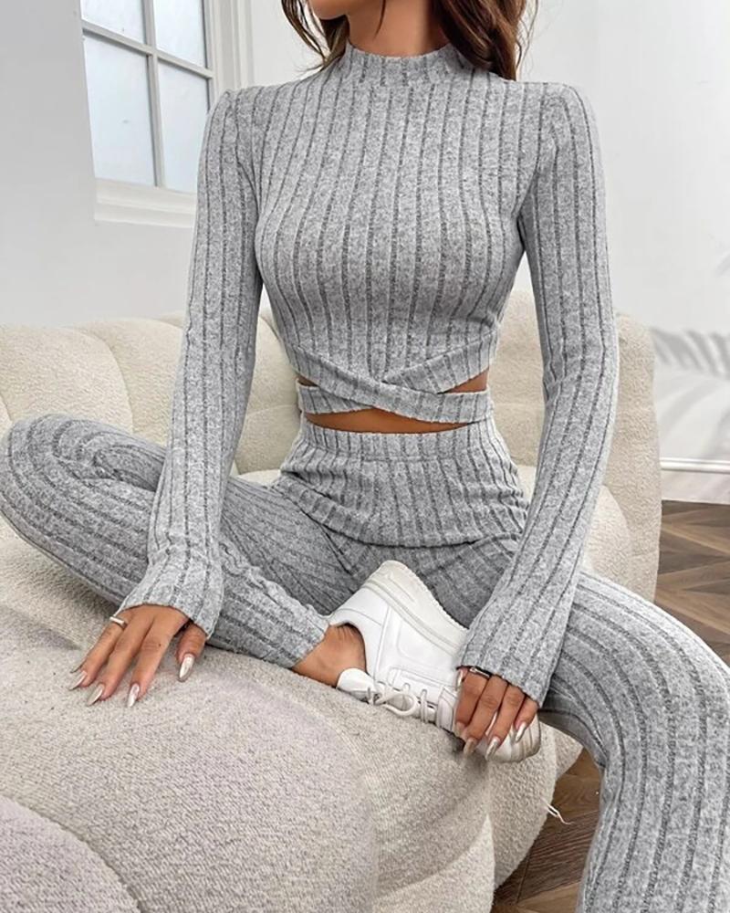 Mock Neck Criss Cross Crop Top & Pants Set