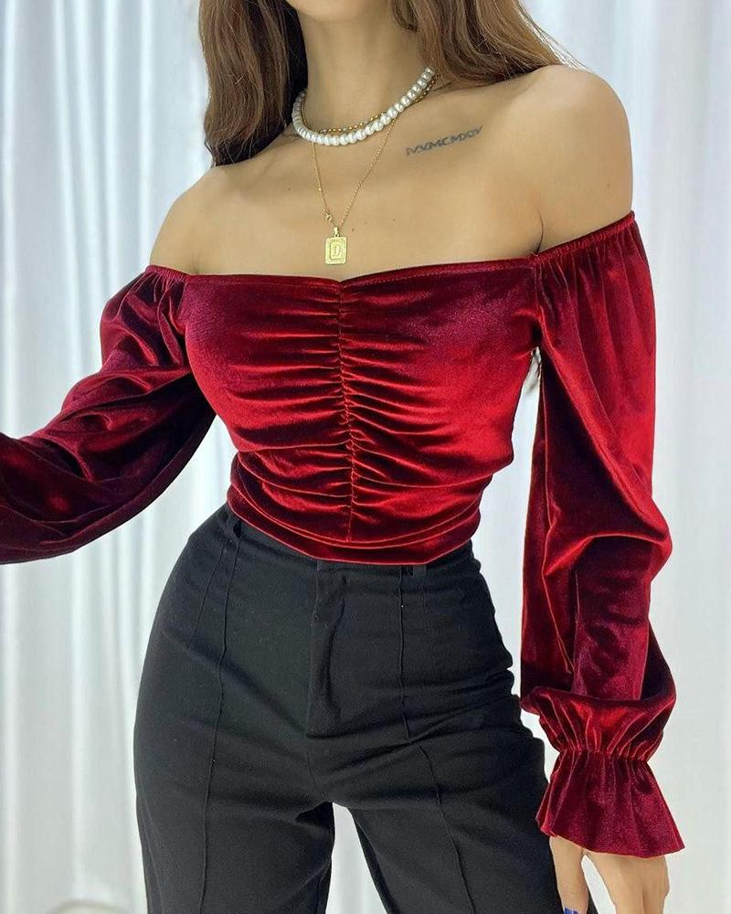 Velvet Off Shoulder Ruched Ruffles Top