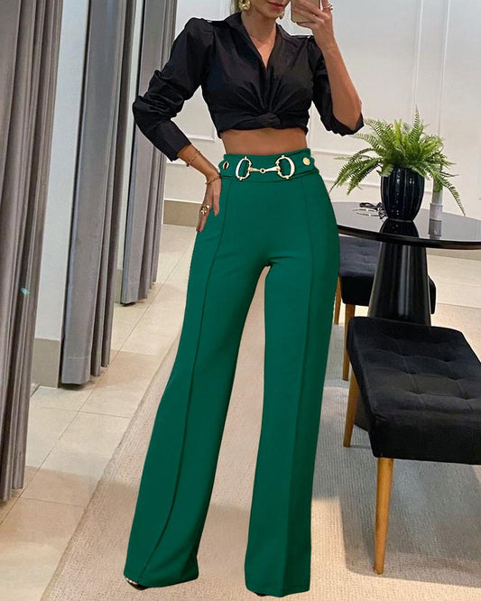 Mental Button Decor High Waist Causal Straight Leg Work Pants