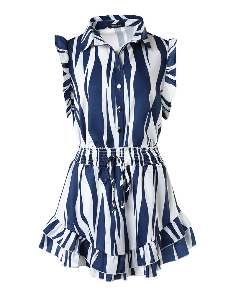 Striped Flutter Sleeve Buttoned Shirt & Ruffles Skorts Set