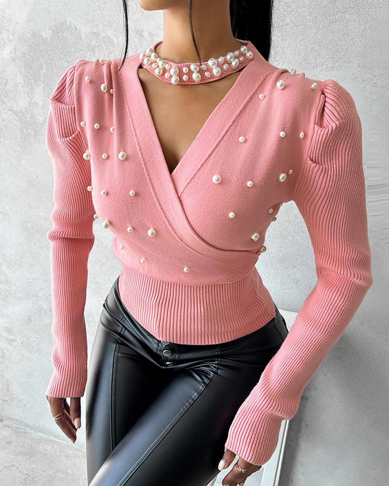 Keyhole Neck Beaded Knit Sweater