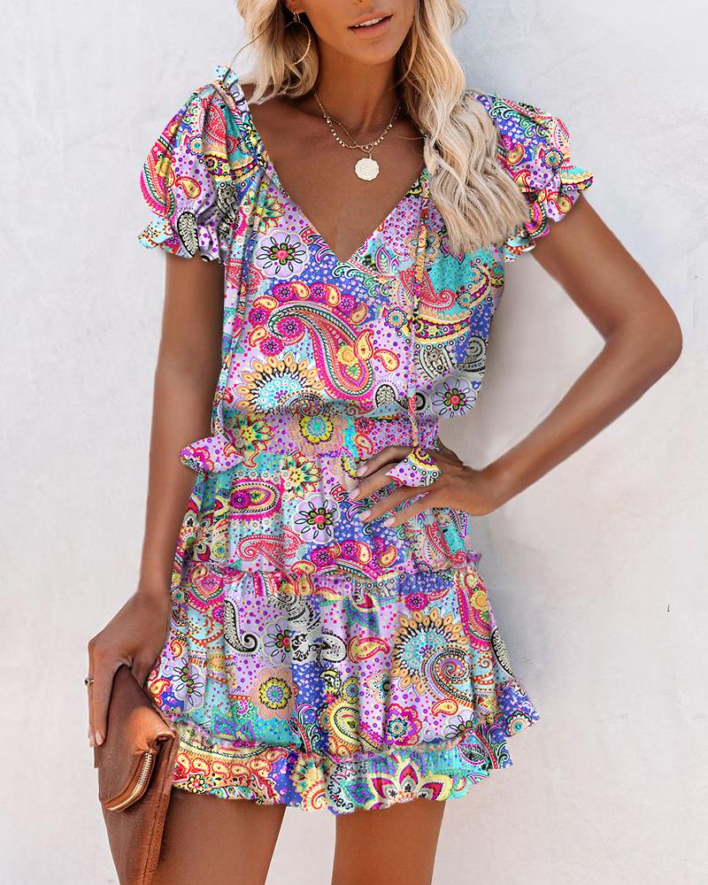 Paisley Floral Print Puff Sleeve Ruffles Casual Dress