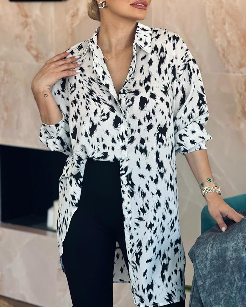 Leopard All Over Print Button Front Longline Shirt Top