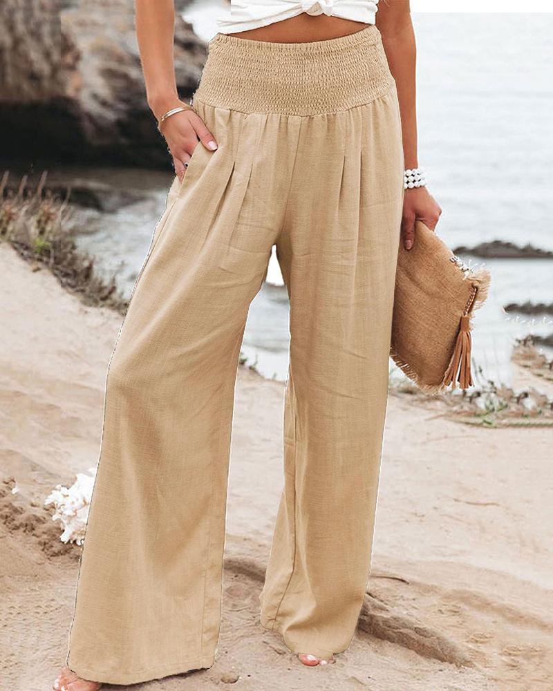 Gathered Waist Pocket Design Wide Leg Pants