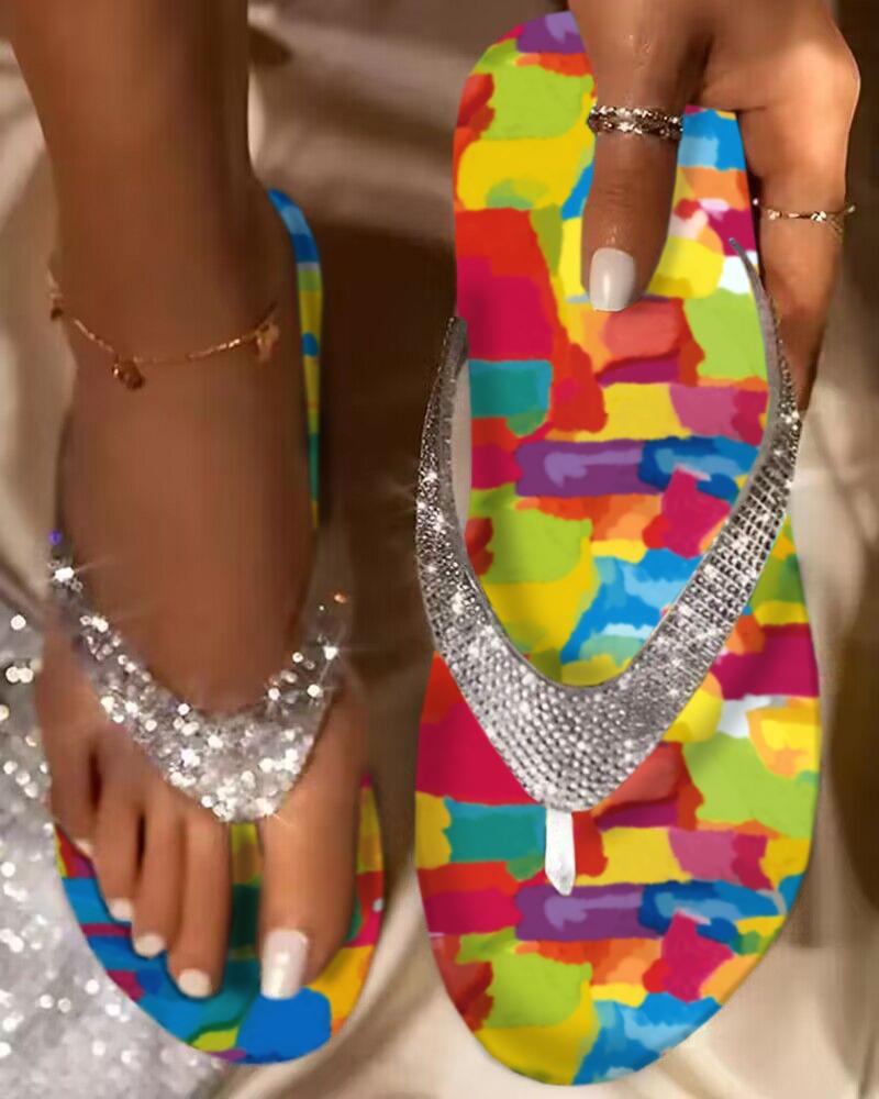 Multi Colors All Over Print Rhinestone Strap Flip Flops