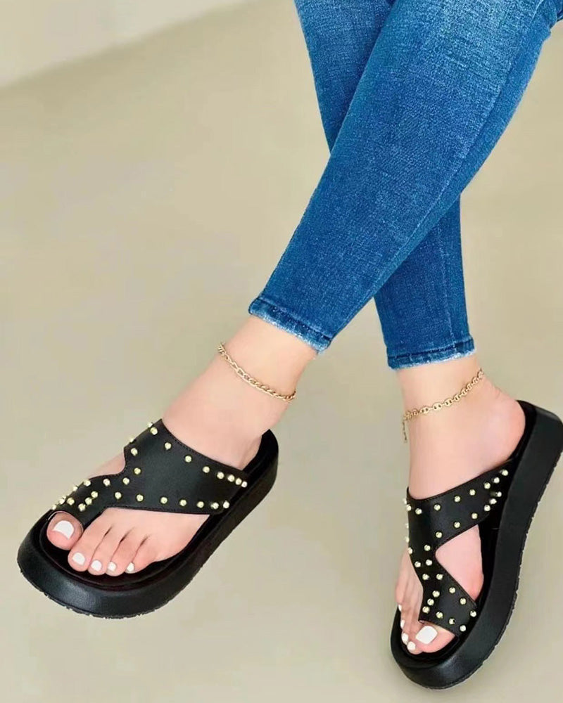 Studded Hollow Out Toe Post Slippers