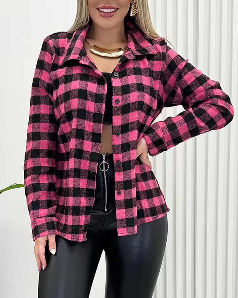 Plaid Pattern Button Down Shirts Long Sleeve Shackets Casual Blouse Top