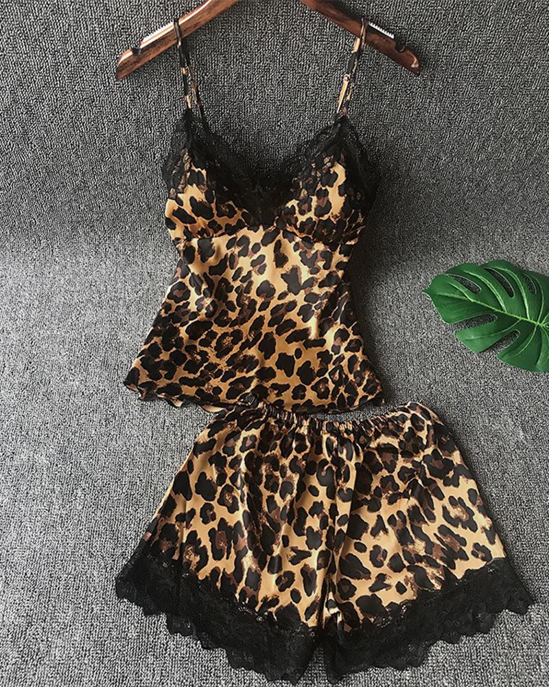 Leopard Print Lace Trim Cami Sets