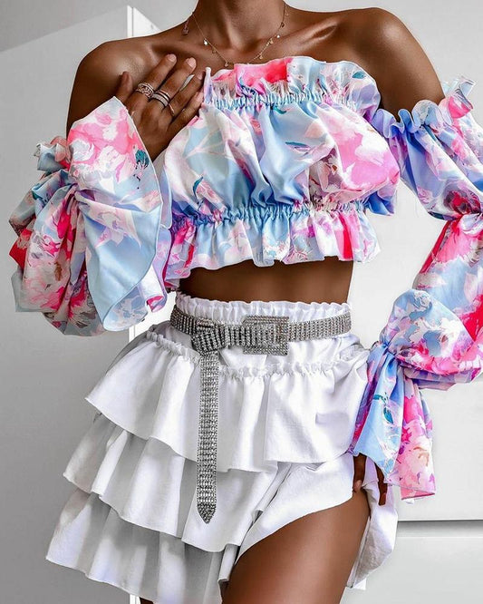 Floral Print Off Shoulder Flared Sleeves Frill Hem Crop Top