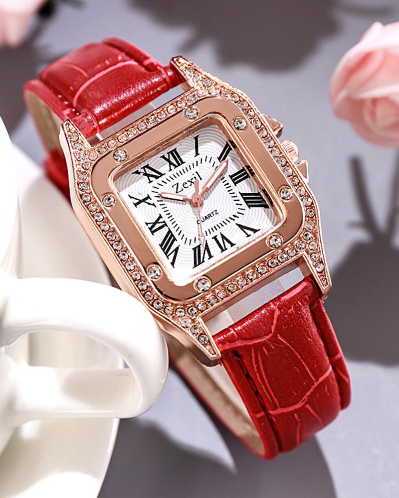 Rhinestone Decor Square Quartz Watch