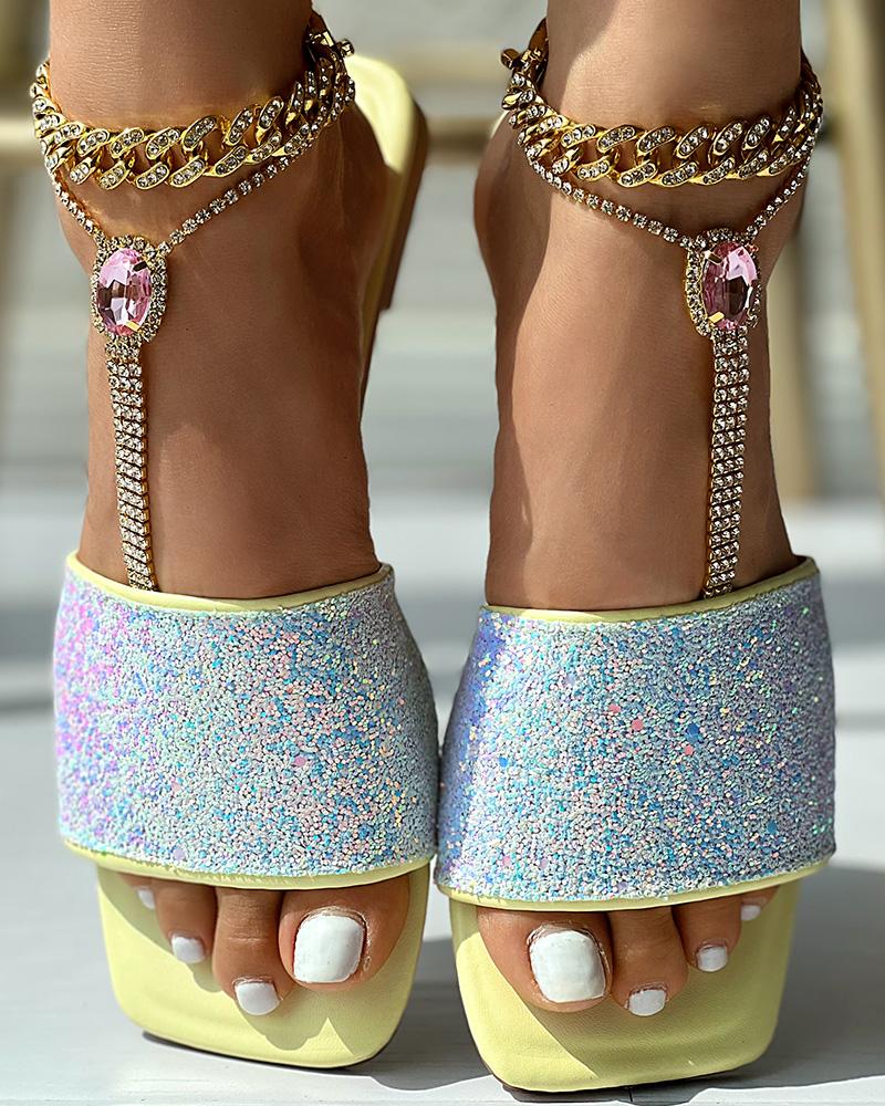 Glitter Wide Strap Square Toe Slippers