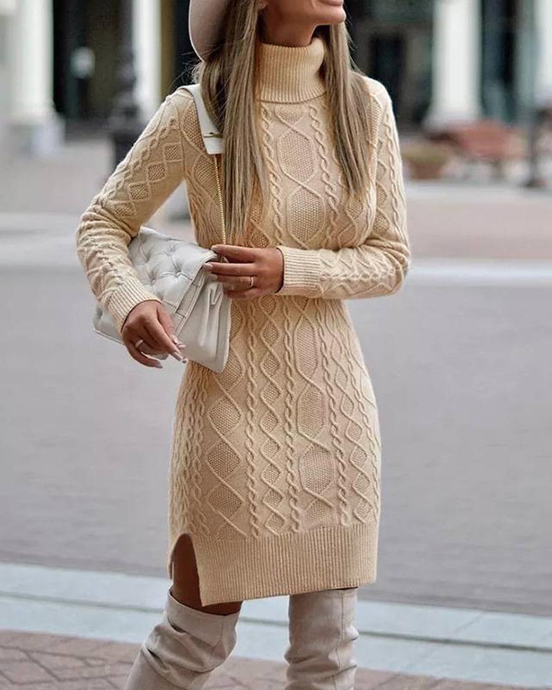 Long Sleeve Turtleneck Cable Knit Sweater Dress