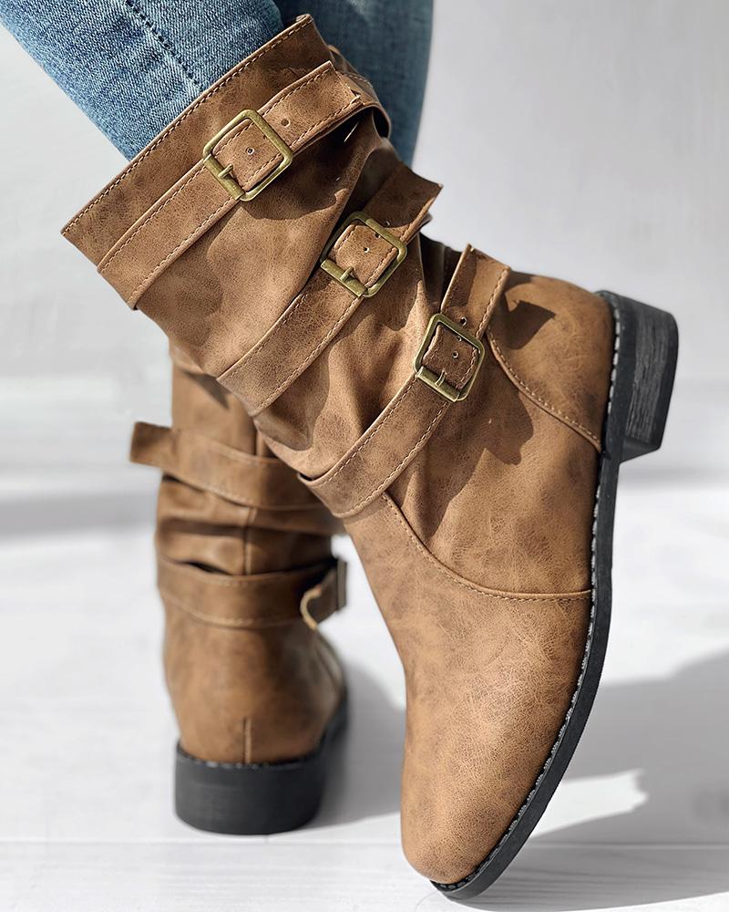 Buckled Vintage Chunky Heel Ankle Boots