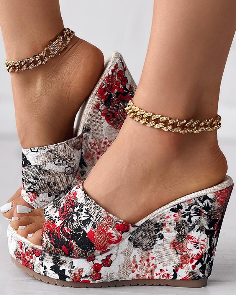 Vintage Floral Print Peep Toe Wedge Slippers