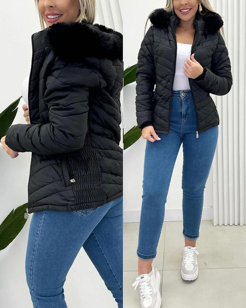 Zipper Pocket Design Shirred Fuzzy Trim Lined Hooded Puffer Jacket