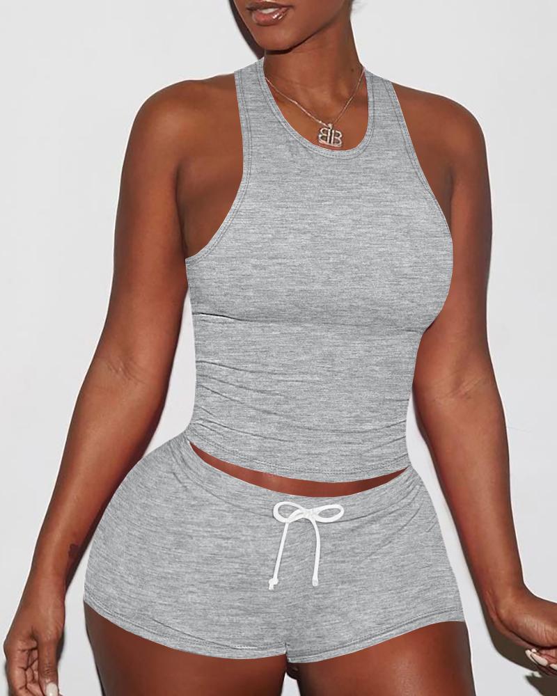 O neck Racer Back Top & Drawstring Shorts Set