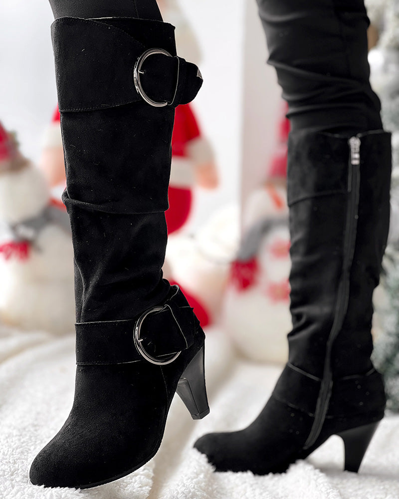 Buckled Chunky Heel Velvet Calf Boots