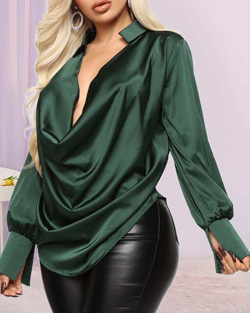 Plunge Long Sleeve Ruched Satin Shirt