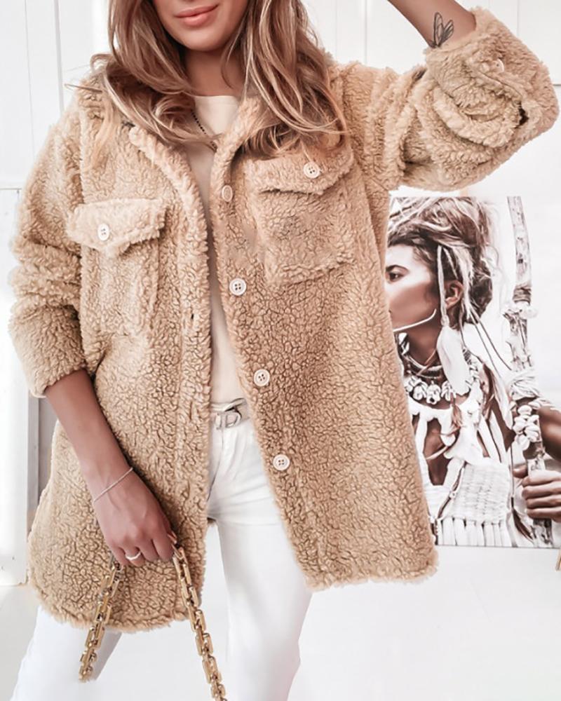 Pocket Design Buttoned Long Sleeve Teddy Coat