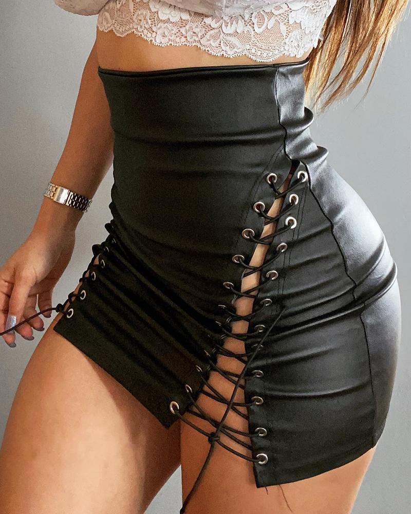 High Waist PU Leather Eyelet Lace Up Skirt