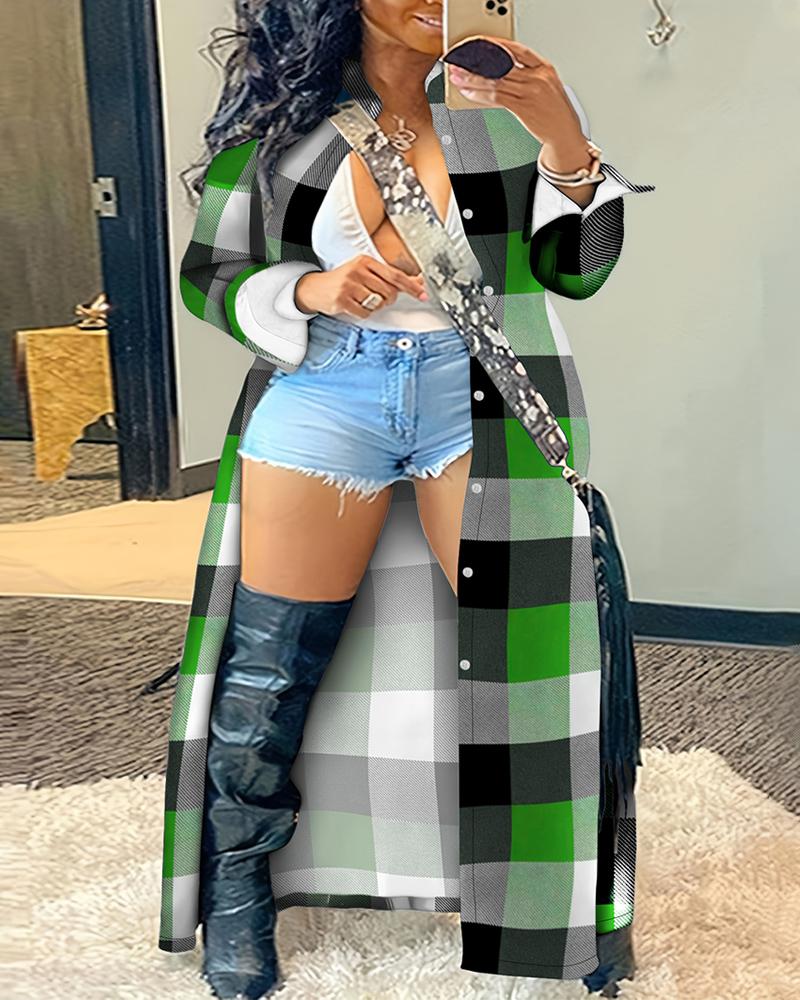 Plus Size Plaid Print Buttoned Longline Coat