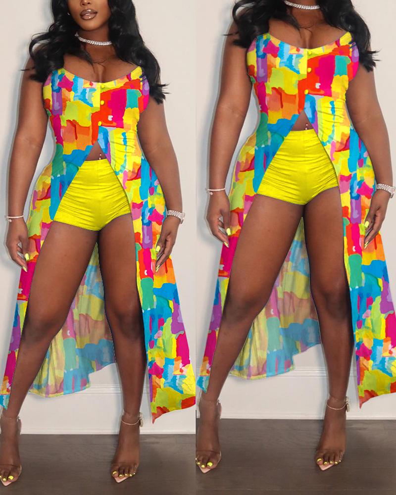 Melting Colors All Over Print Longline Slit Top & Shorts Set