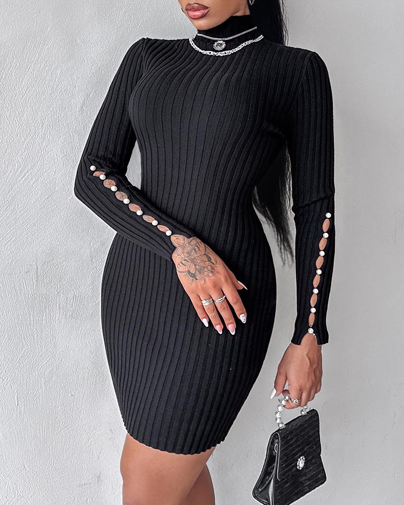 Mock Neck Beaded Knit Bodycon Dress