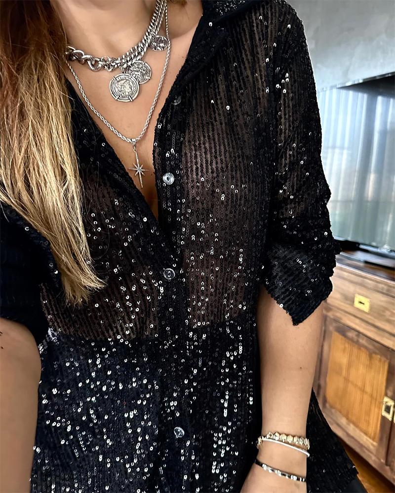 Allover Sequin Buttoned Long Sleeve Top