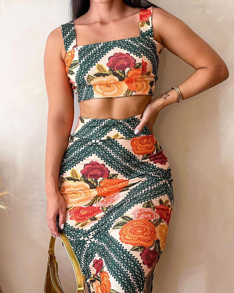 Floral Print Square Neck Crop Top & Skirt Set