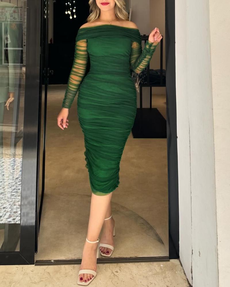 Off Shoulder Sheer Mesh Bodycon Dress Long Sleeve Ruched Midi Party Dress