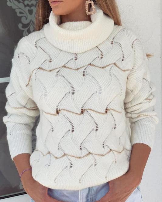 Hollow Out High Neck Long Sleeve Knit Sweater