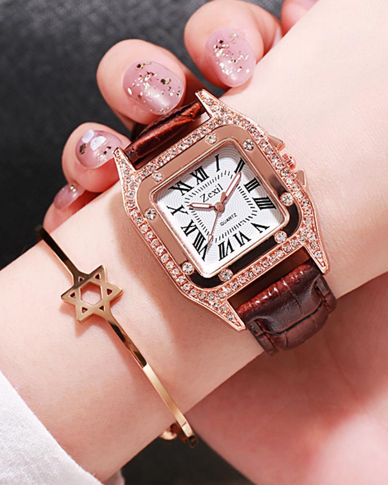 Rhinestone Decor Square Quartz Watch