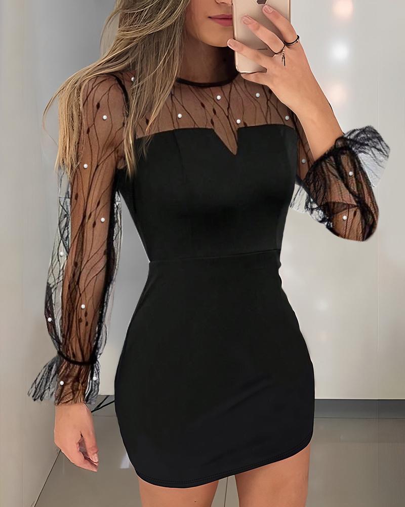 Sheer Mesh Beaded Bell Sleeve Bodycon Dress