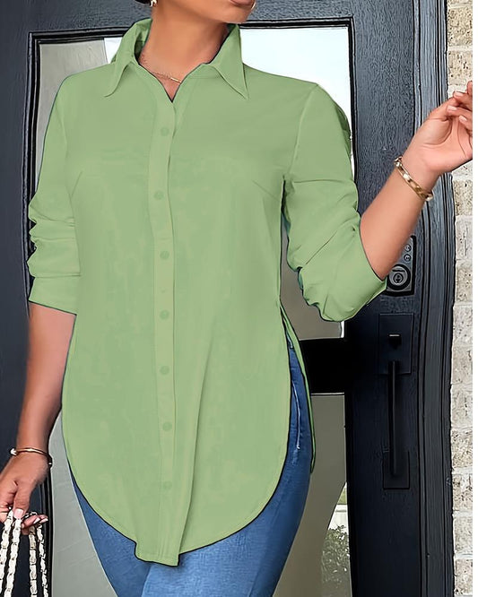 Plus Size Buttoned Slit Long Sleeve Shirt