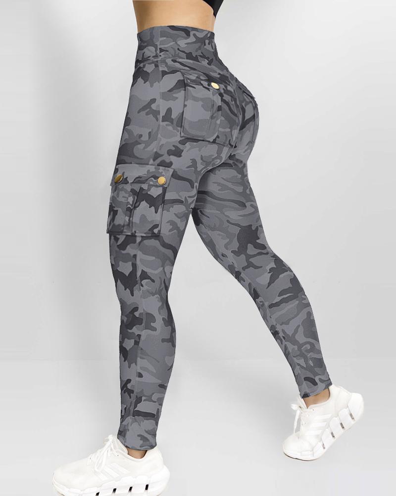 Camouflage Print High Waist Skinny Button Leggings with Pocket Casual Pants