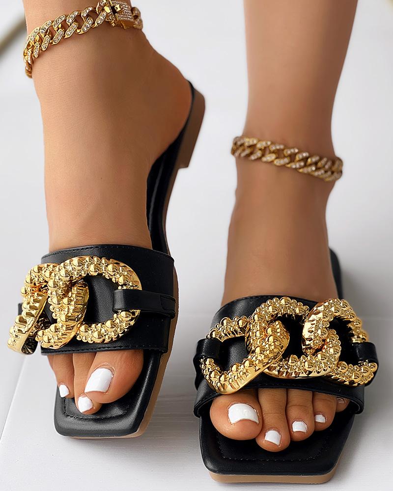 Chain Decor Wide Strap Summer Slippers