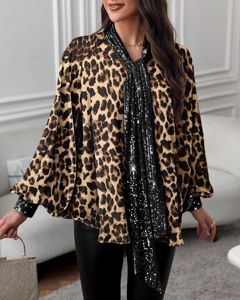 Leopard Print Contrast Sequin Lantern Sleeve Top