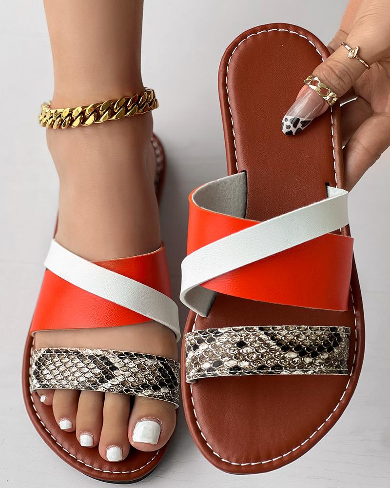 Snakeskin Colorblock Slippers Cross Strap Sandals