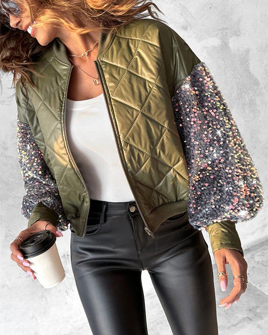 Contrast Sequin Zipper Design Puffer Jacket