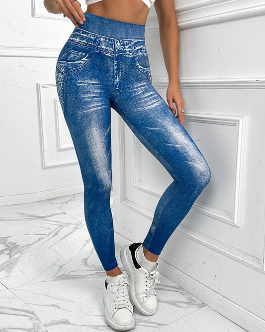 Denim Look Print High Waist Sports Leggings