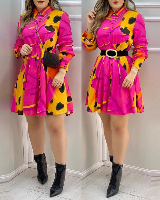 All Over Print Long Sleeve Buttoned Shirt Dress