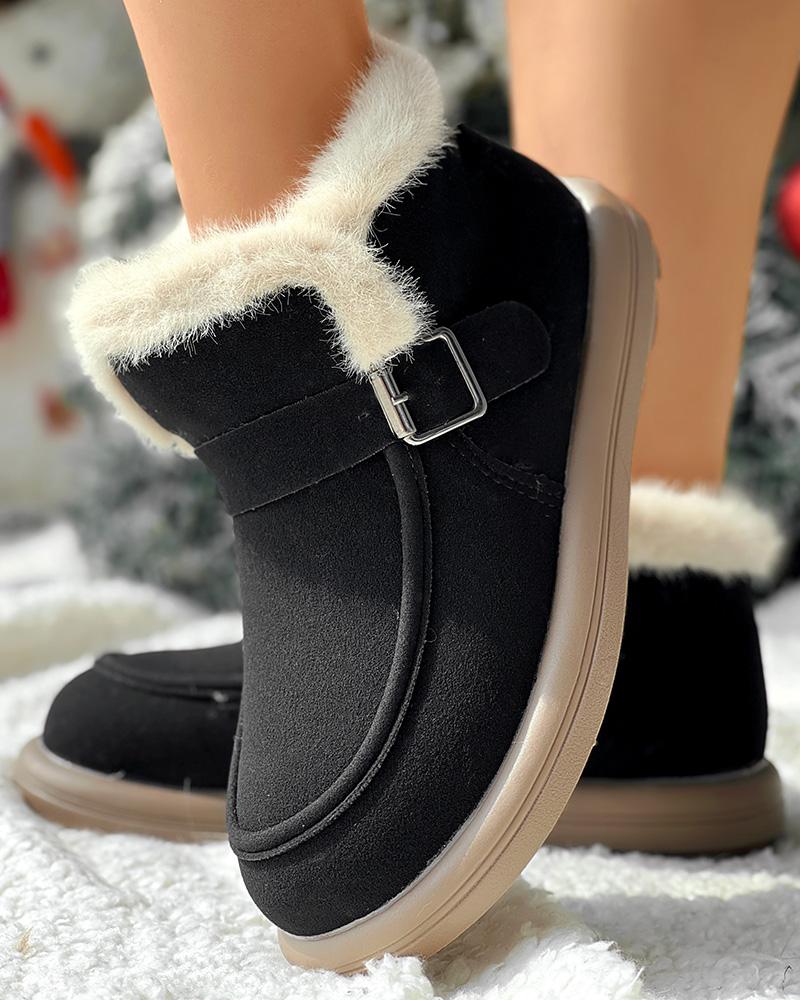 Buckled Fuzzy Lined Warm Ankle Boots