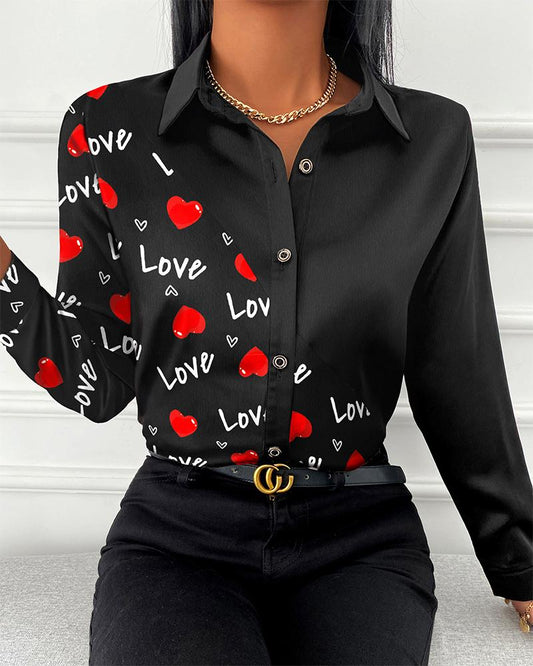 Valentine's Day Heart Letter Print Button Down Shirt