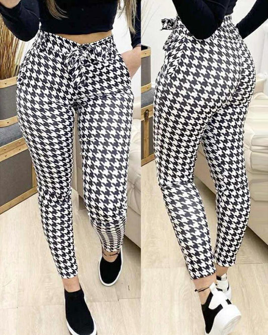 Houndstooth Tied Detail Pocket Design Casual Pants