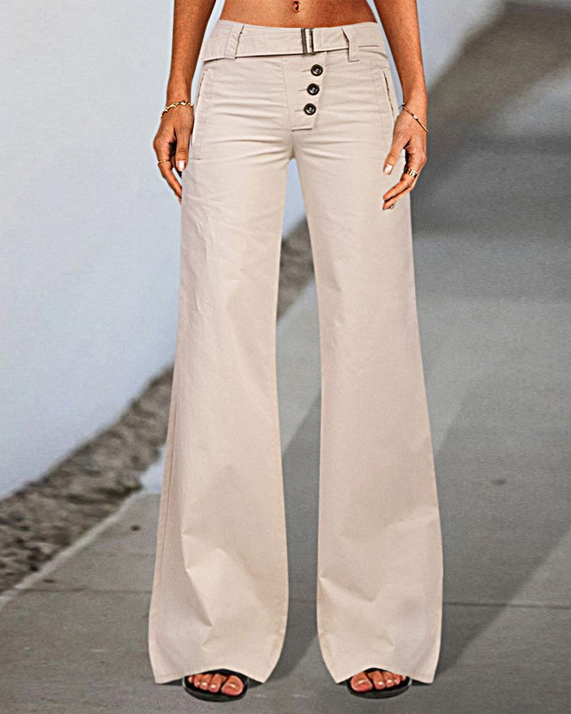 Plain Button Fly Buckle Taped Wide Leg Pants