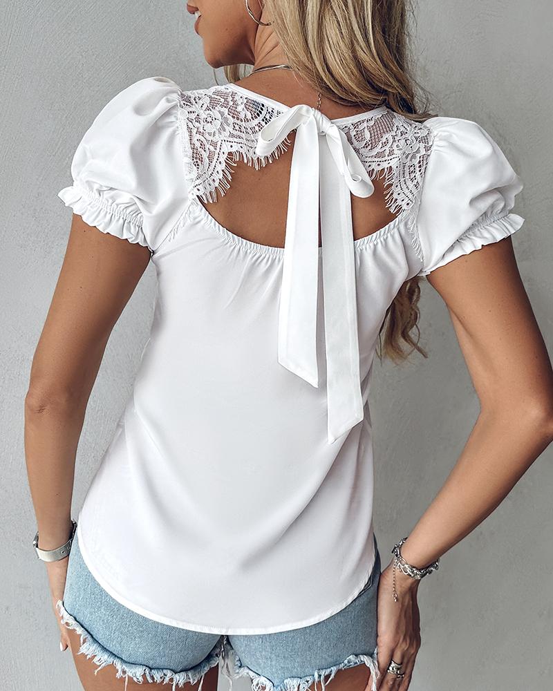 Puff Sleeve Eyelash Lace Patch Top